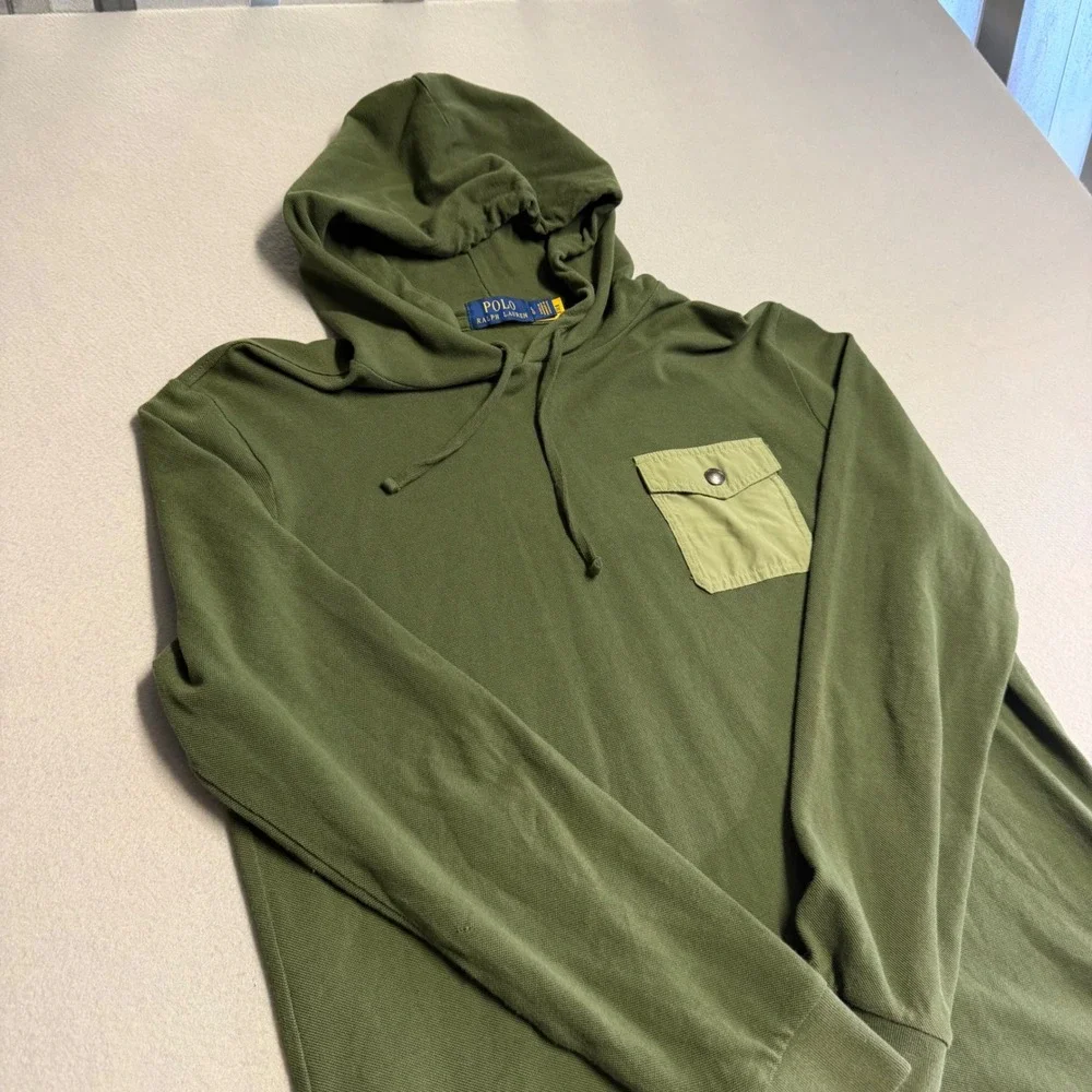 Polo Ralph Lauren Mens Olive Green Pique Hoodie Contrast Pocket Long Sleeve LG